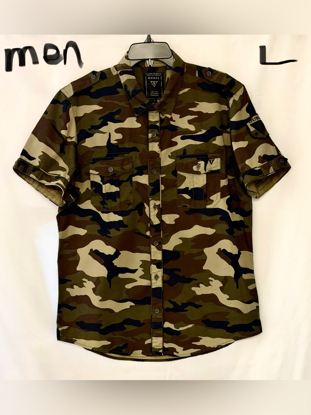 Vintage Guess Men’s Short‑Sleeve Camo Button‑Down Shirt - Green, Brown, Black